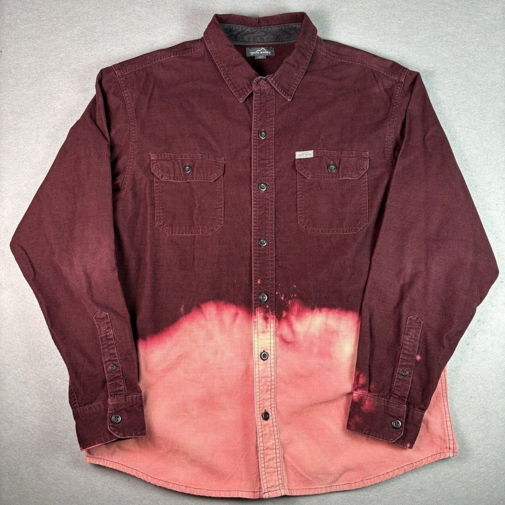 Eddie Bauer Corduroy Shirt Mens Large Burgundy Pink Dip Dyed Custom Outdoor